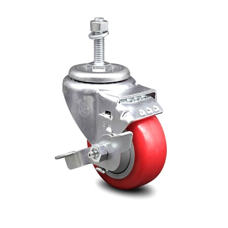 Service Caster 3.5 Inch Red Polyurethane Swivel 10mm Threaded Stem Caster with Brake SCC SCC-TS20S3514-PPUB-RED-TLB-M1015